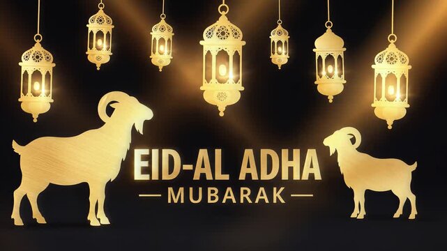 Eid Al-Adha Mubarak Banner with Golden Sacrifice Goat and Lanterns