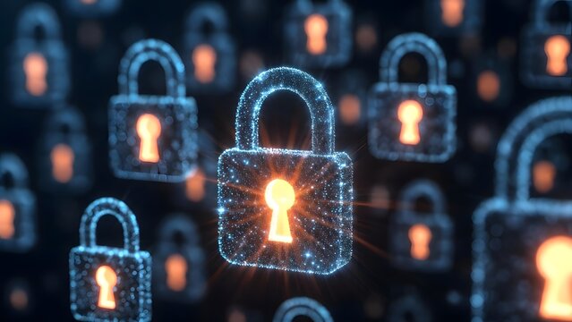 Cyber security data protection and digital privacy encryption. Network safety and firewall concept. Glowing padlock icon floating in a futuristic server room environment