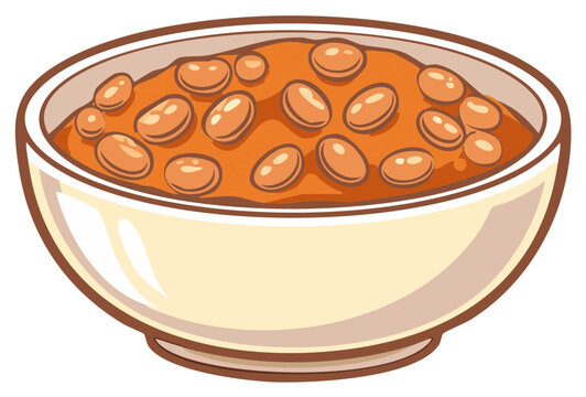 Illustrated Bowl of Delicious Baked Beans in Rich Sauce, Hearty Legume Side Dish Graphic
