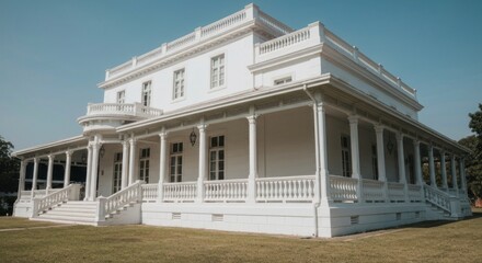 Fototapeta premium Grand white mansion on a sunny day. Large covered porch and stairs lead to entrance