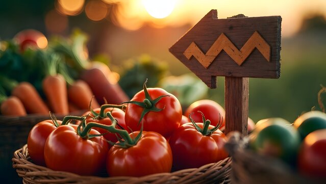 Global food crisis and rising commodity prices. Agricultural export growth and market analysis. Wooden arrow with zig-zag line pointing toward fresh tomatoes during sunset
