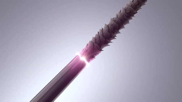 3D animation close-up of damaged hair being restored with a light glowing effect from root to tip.