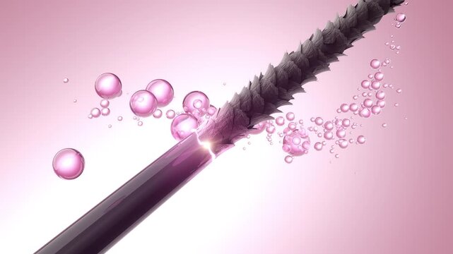 3D animation close-up of active bubbles swirling around damaged hair, restoring it from root to tip.