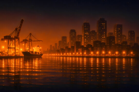 City port at night with cargo ship and skyline