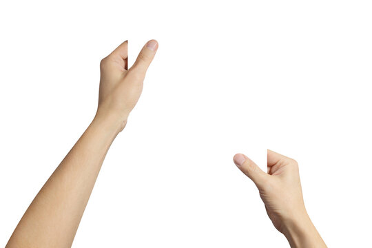 Two hands holding invisible object or frame mockup composition, isolated on cutout transparent background