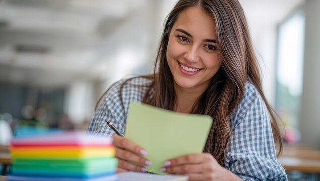 Smiling female student holding notes with colorful books during finals week study session