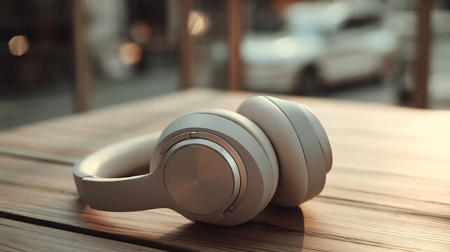 Close-up of white wireless headphones on a wooden surface with a blurred outdoor cafe background