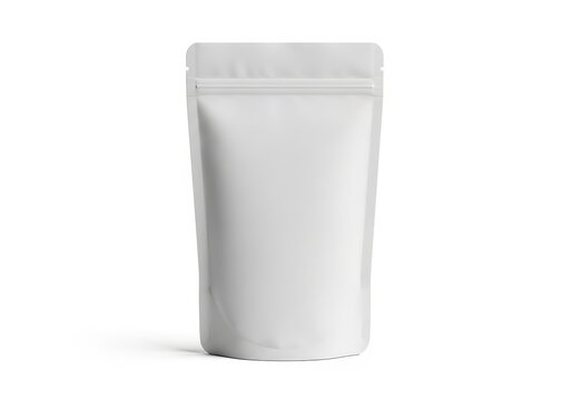 A white pouch with a zip lock top standing upright against a white background