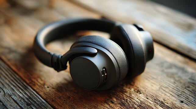 Close-up of black over-ear headphones on a rustic wooden surface, studio lighting.