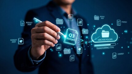 Fototapeta premium A person interacts with a virtual interface displaying digital documents, folders, and cloud storage icons, symbolizing data management and business reporting.