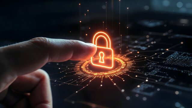 Global data security and secure network infrastructure. Cyber threat prevention and privacy. Hand touching illuminated padlock on motherboard circuit.