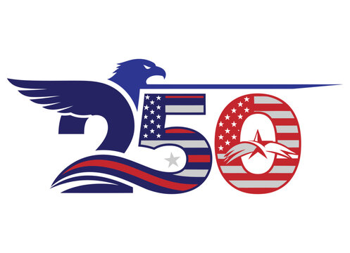 250 years Eagle emblem with us flag and aircraft silhouette from us air force