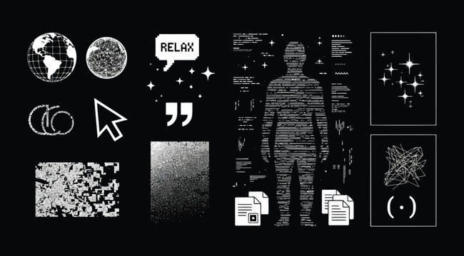 Set of futuristic digital icons and data elements on a, including globe, human silhouette, and text