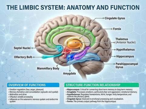 Detailed Illustration of the Limbic System with Anatomical Labels and Functions Explained in Human Brain Diagram