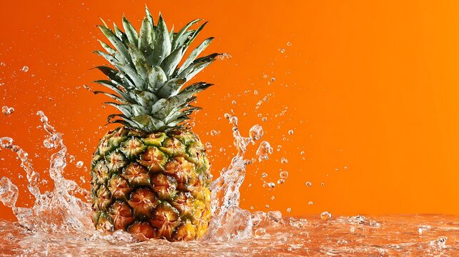 Fresh pineapple splashing in water against an orange background