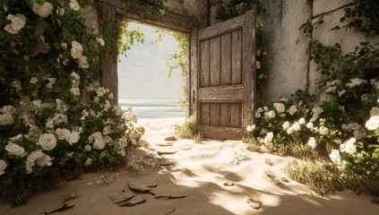Fototapeta premium Open doorway reveals sunny beach, white roses climbing stone walls