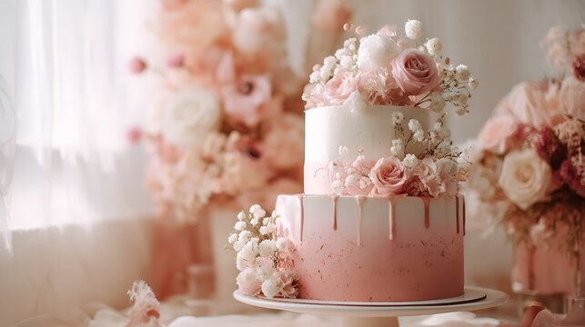 Korean minimalist cake in pink and white tones, soft studio lighting, dreamy romantic vibe