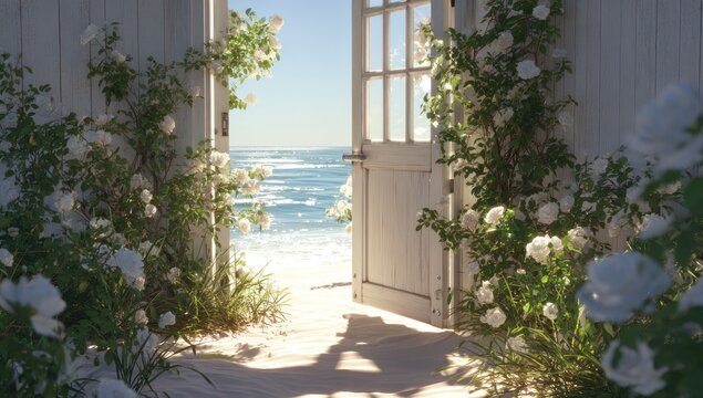 Open white gate reveals sunlit beach, ocean waves, and lush white roses