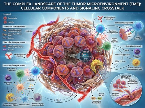 Detailed Illustration of Tumor Microenvironment with Cell Types, Signaling Pathways, and Interaction Dynamics