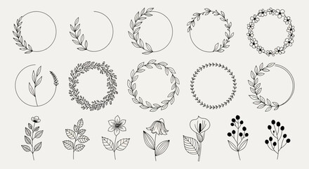 Fototapeta premium Elegant Botanical Wreaths and Frames Line Art Collection for Wedding Invitations, Logos, and Nature-Inspired Designs. Hand-Drawn Floral Illustrations Set