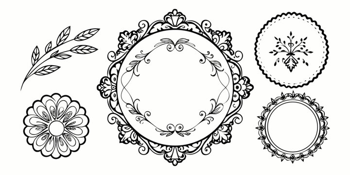 Vintage ornate circular frames and floral design elements, vector