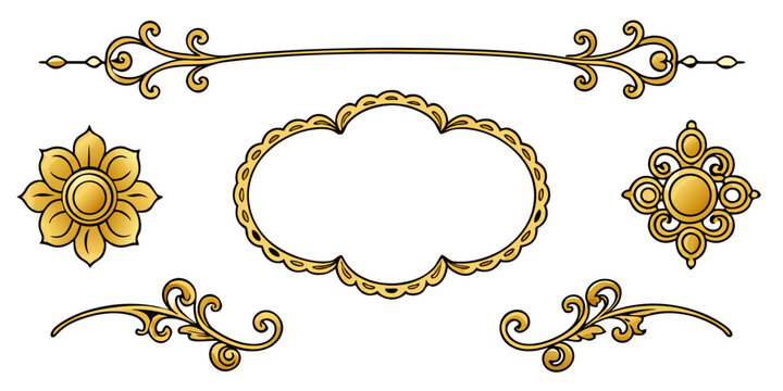Elegant golden ornamental frames and dividers set, vector