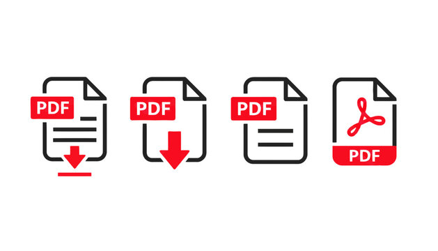 Four different pdf file icons on a for download or editing purposes in various styles stock vector
