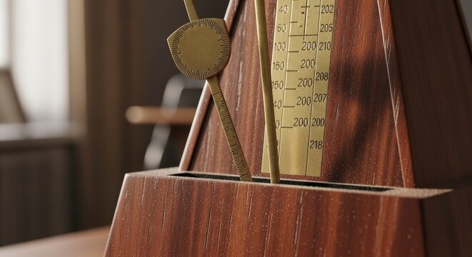 Close-up of a wooden metronome instrument.