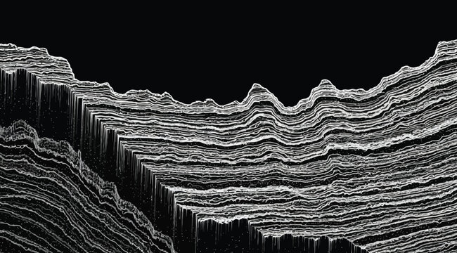 Abstract geological landscape with layered rock strata in black and white