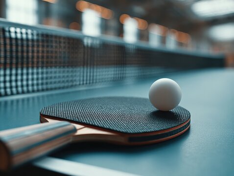 Dynamic Table Tennis Scene with Racket, Ball, and Net Equipment