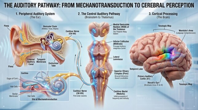 Detailed Illustration of the Auditory Pathway from Mechano-transduction to Cerebral Perception with Ear and Brain labeled