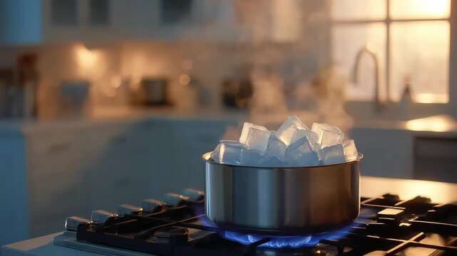 A striking visual of ice cubes melting in a pot over a flame, conveying a sense of paradoxical elements and unexpected change. Ideal for illustrating 