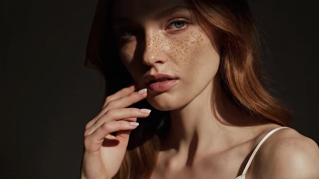 Close-up portrait of a beautiful young woman with freckles, looking directly at the camera with a thoughtful expression, natural light casting shadows on her face.