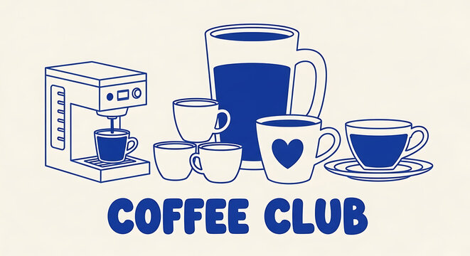 Blue coffee club logo with coffee maker and cups