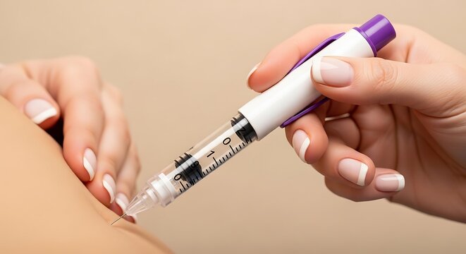 Close-up of hand administering injection with insulin pen