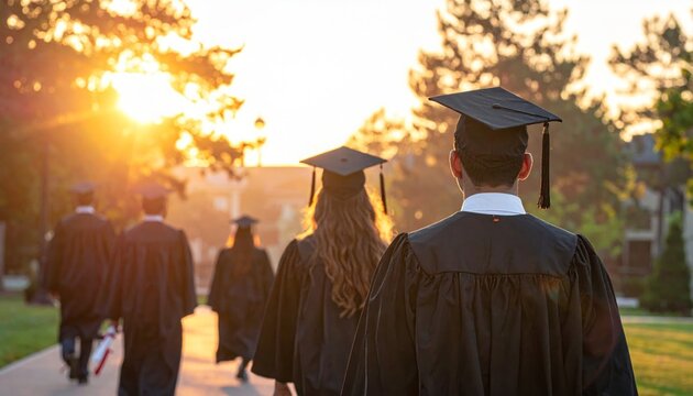 Graduates walking into the sunset, celebrating their academic achievement and looking forward to future opportunities.