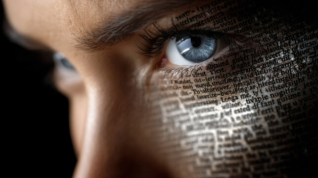 Closeup human face cyber concept, blue eye digital text overlay, technology future, innovation emotion, detail vision, macro portrait