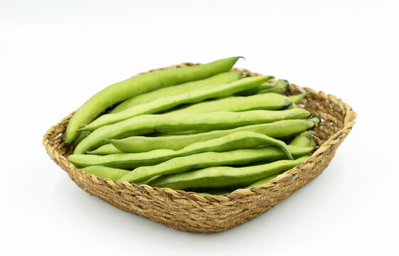 In a basket, a pile of fresh broad beans, also known as fava beans (Vicia faba) isolated on white background 