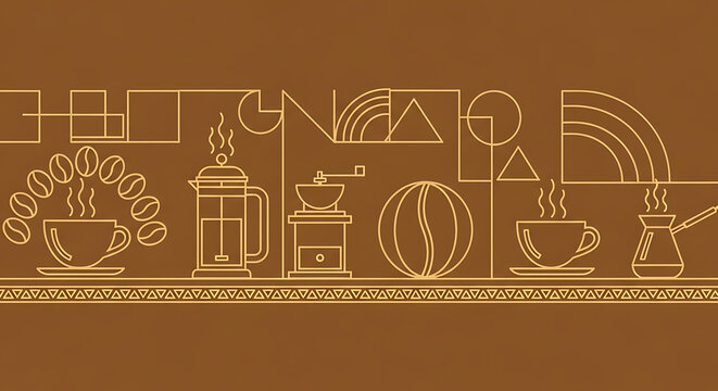 hand-drawn coffee icons set with brewing tools and steam on warm brown background