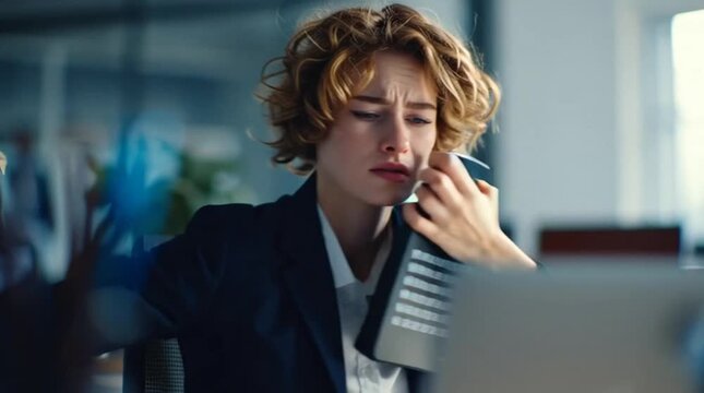 Young woman crying in office setting