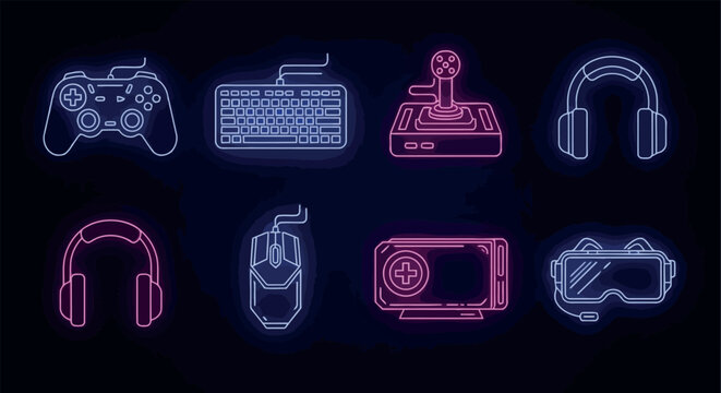 Neon outline icons for gaming equipment and virtual reality with game controller vr headset video games dark background joystick keyboard headphones graphics card vr headset technology