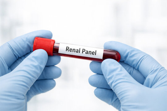 lab technician holding blood test tube labeled Renal Panel. Specialist analyzing sample for kidney function diagnostic assessment. Professional clinical medical investigation in laboratory