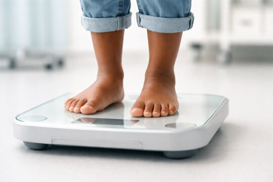 child standing on digital scale to measure body weight. Kid checking health and growth progress. Clinical assessment and wellness monitoring in medical clinic. Pediatric growth checkup