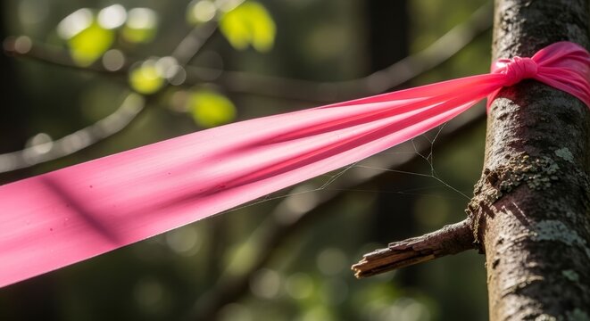 Pink ribbon tied around tree trunk.