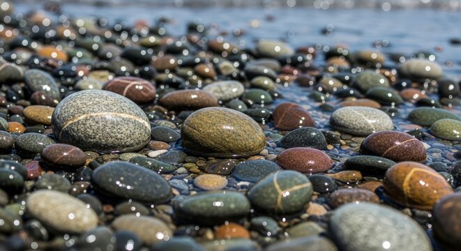 Smooth wet pebbles on rocky beach.