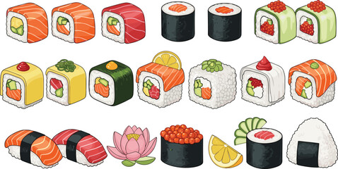 Sushi Food Illustration Set Featuring Japanese Rolls Nigiri Maki and Sashimi with Salmon Tuna Rice and Seaweed for Restaurant Menu Design © SM