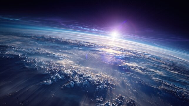 Ultraviolet Awareness Month:aerial view of Earth from space showing the atmosphere and ozone layer, ultraviolet rays represented as glowing purple bands hitting the stratosphere