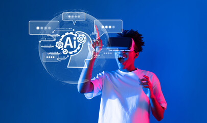 A vibrant scene showcasing a person in virtual reality interacting with AI technology and chatbot...