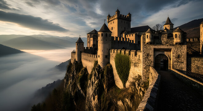 Medieval Castle on Mountain Cliffside Fortress.