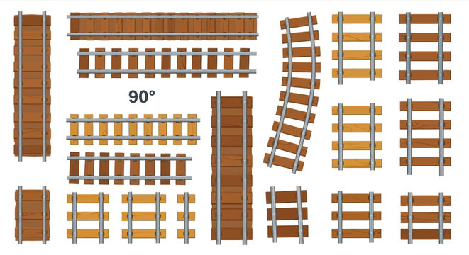 Various arrangements of wooden train tracks on a white background